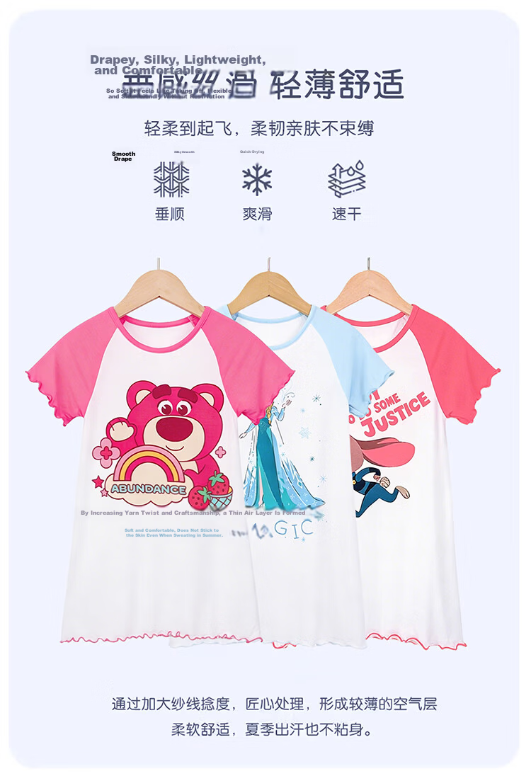 Disney Official Cartoon Summer New Breathable Modal Girls' Princess Home Sleep Dress Strawberry Pattern 6