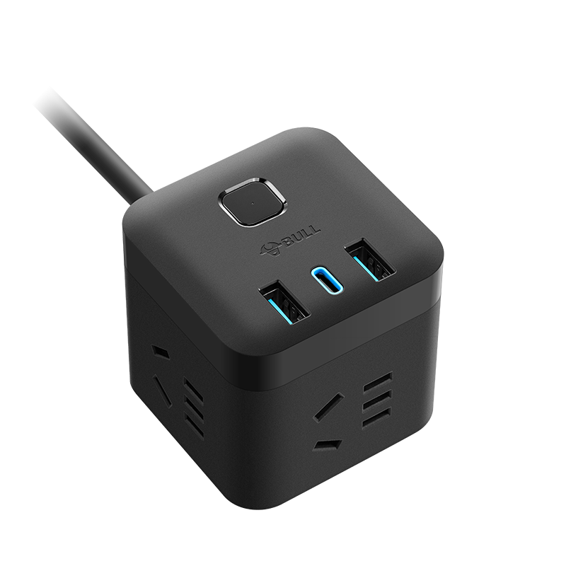 BULL 30W PD Apple Fast Charging Cube Power Strip/USB Extension Cord/Surge Protector/Dorm And Home Use Power Strip, 1C2A + 3 Outlets, Total Length 3 Meters Black GNV-UU2303H Master Switch