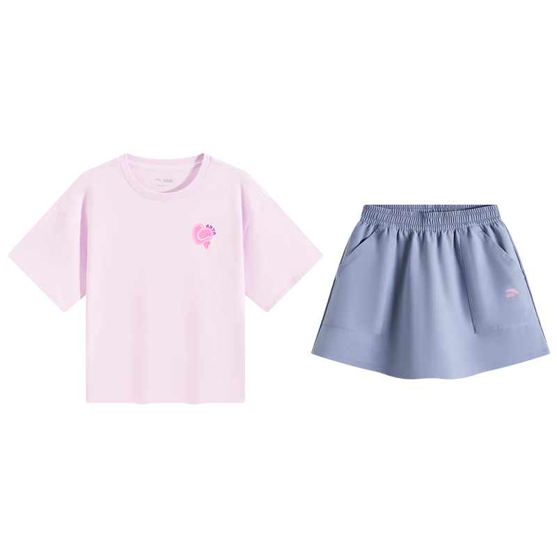 Anta Kids Sports Set Girls 2026 Summer Breathable Skin-friendly Cotton Short Sleeve Skirt A62626702