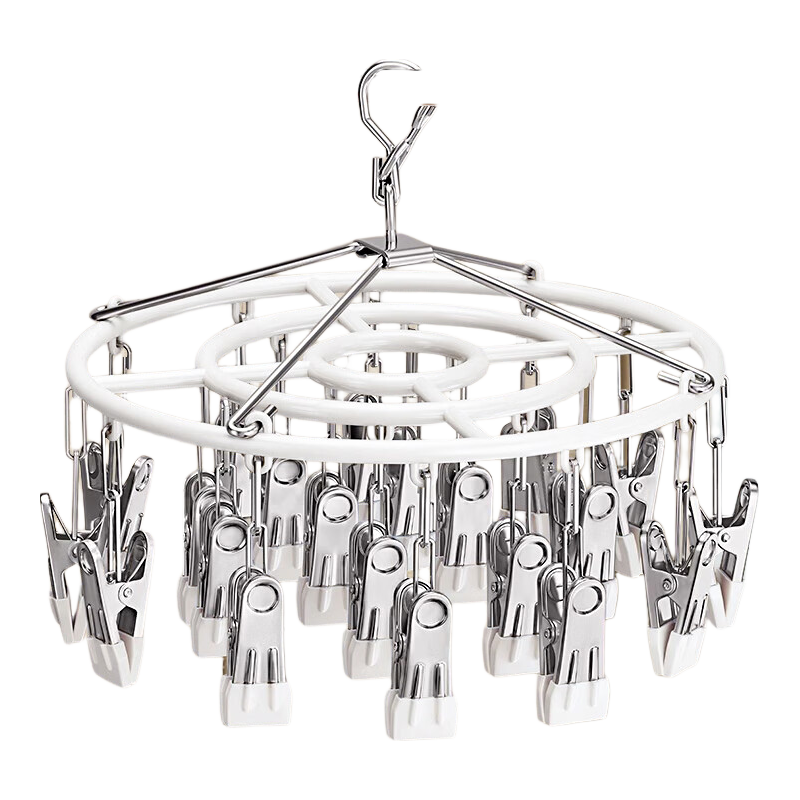 Baicaoyuan Sock Drying Rack with Multiple Clips, Stainless Steel Round Sock Hanger, 24 Clips, Cream White, One Pack