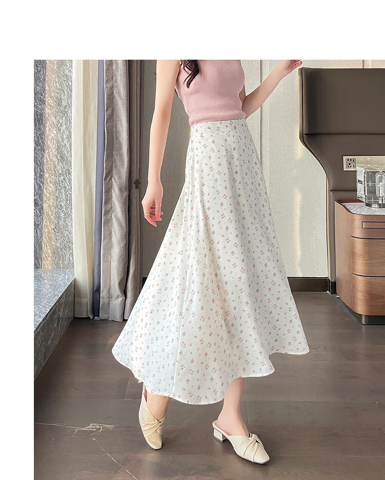 Awakening Paradise 2026 Summer New Slimming A-Line Mid-Length Skirt White Base Black Floral One Size 34