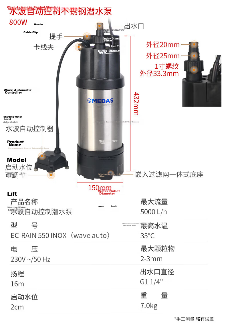 Medas Low Water Level Pump Household Small Submersible Pump for Water Accumulation Basement Floor Drainage Pump 1cm Start 15
