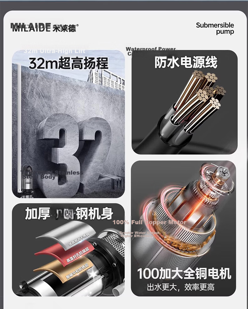Milade Submersible Pump Household Well Water Pump 220V Stainless Steel Agricultural Sewage Pump Irrigation High Flow High Lift 5