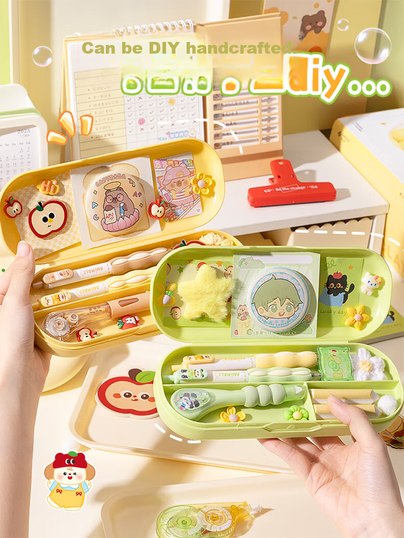 Kabaxiong Bubble Ball Double-Layer Stationery Box Large Capacity Pencil Case for Boys and Girls Green Apple Cat 8