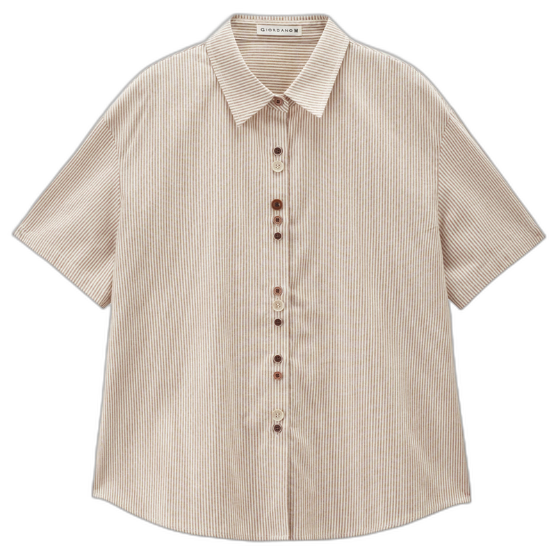 Giordano Designer Women's Cotton Striped Irregular Button Loose Lapel Short Sleeve Shirt 18346712