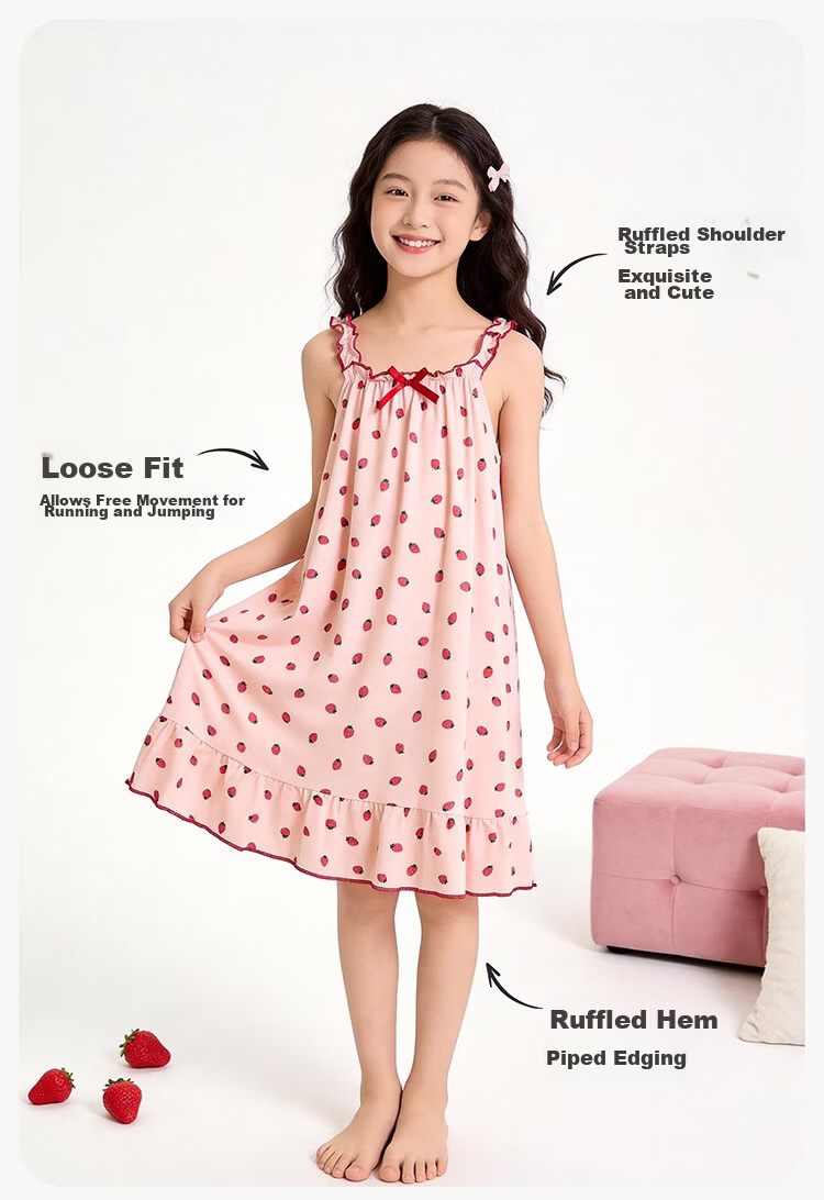 Bingxue Kapok Children's Summer Camisole Nightdress A-Class Cooling Breathable Pink Princess Style Mid-Length Dress for Girls and Babies 2