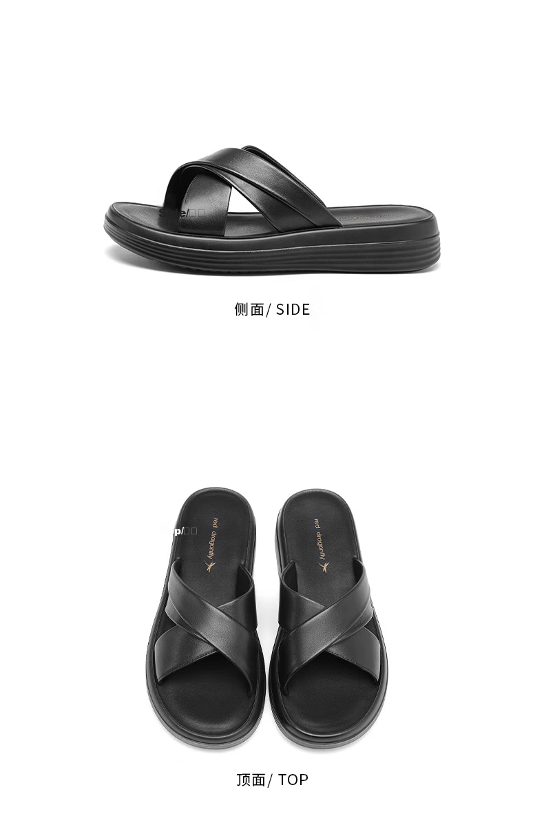 Red Dragonfly Women's Slippers Outdoor Thick Sole Wedge Roman Sandals Soft Leather Flat Sandals WTK251591 Black Size 38 14