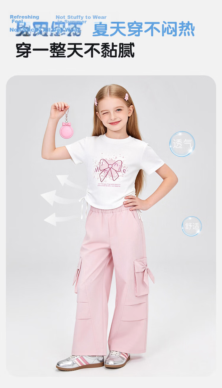 Disney Girls Bow Print T-Shirt and Drawstring Short Sleeve Cargo Wide-Leg Pants Two-Piece Set White Pink 150 4