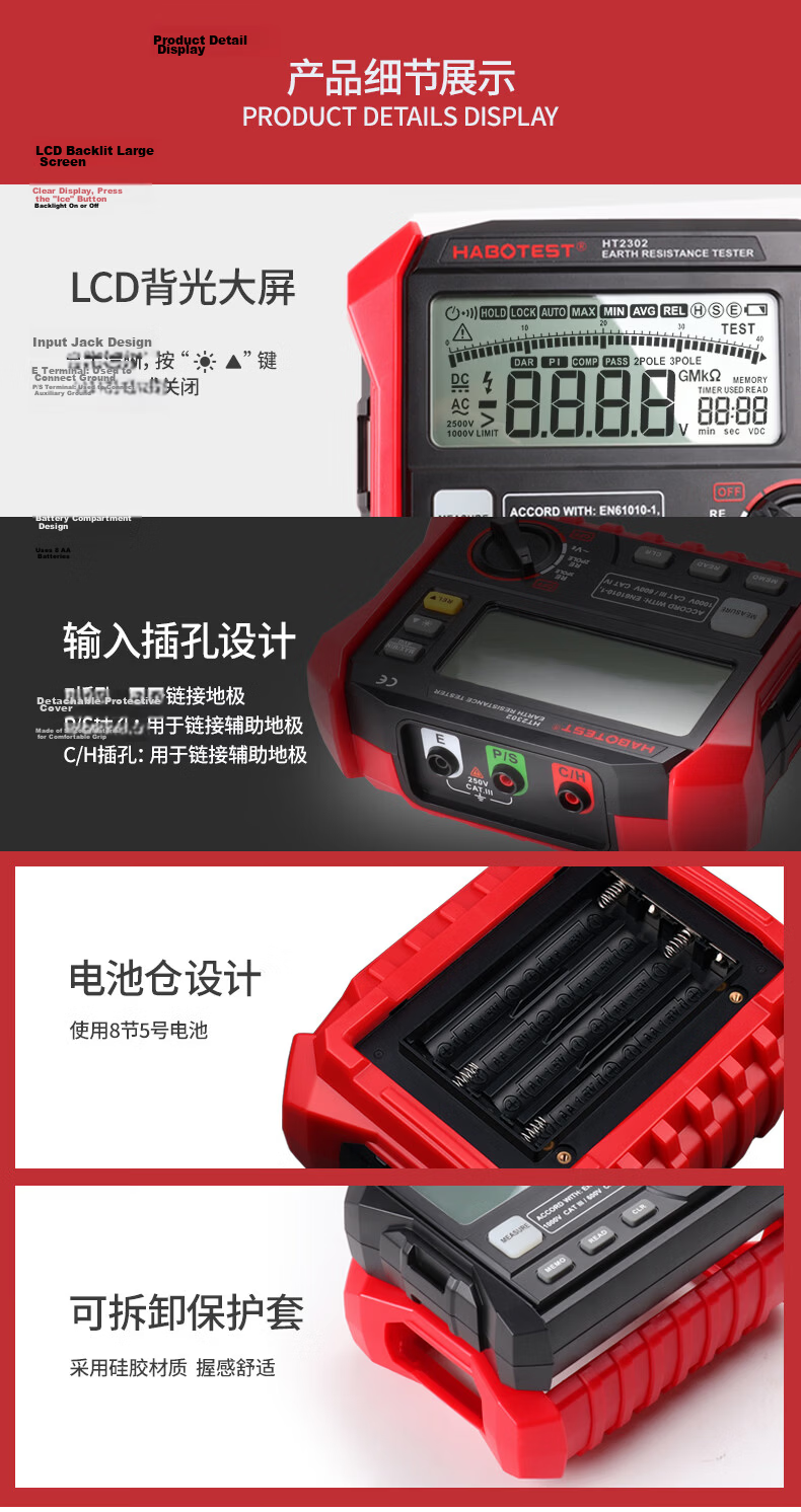 HABOTEST HT2302 Ground Resistance Tester Megohmmeter Electrician Insulation Resistance Tester 12