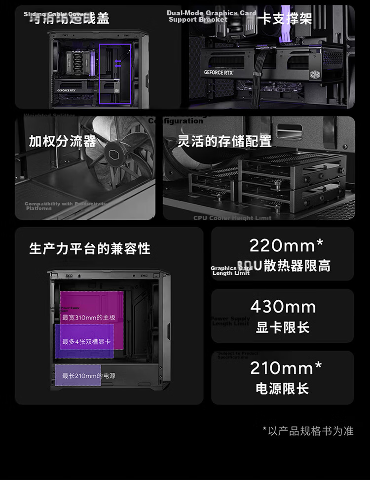 CoolerMaster HAF II 500 EATX Computer Case Master Sliding Rail/22040 Thickened Fan/Dual Mode GPU Bracket/Supports 4 Dual-Slot GPUs/Top-tier IO Panel 5