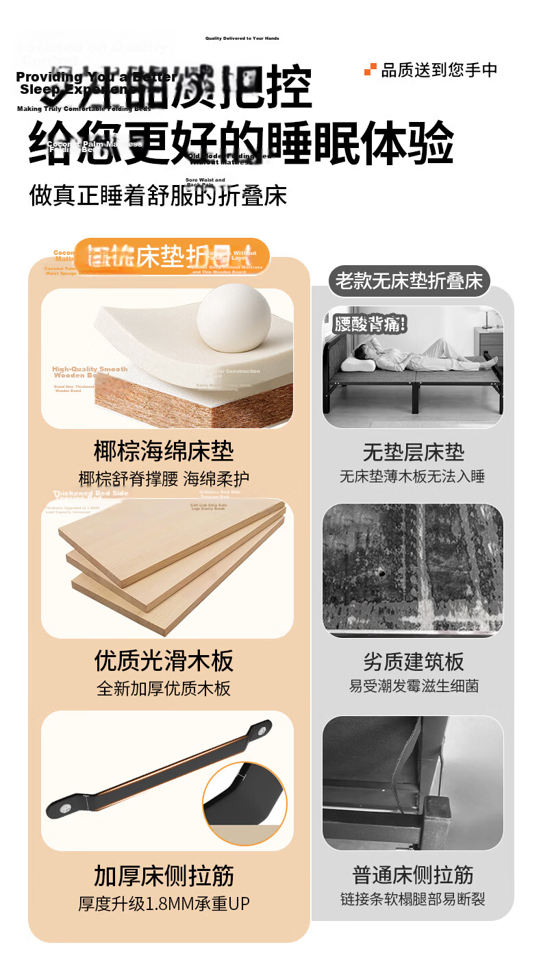 Quanpinwu No-Assembly Folding Single Bed Nap Bed Home Hospital Care Coconut Palm Sponge Mattress Camp Bed 4