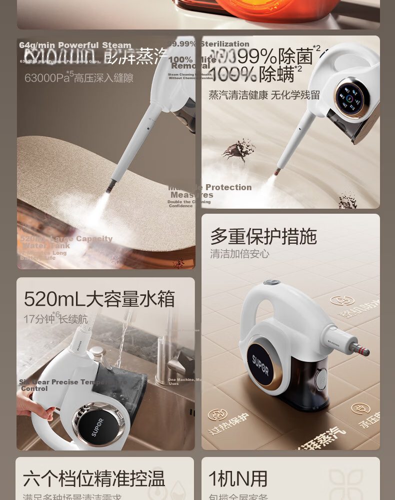 Supor Steam Cleaner [6-Speed Intelligent Mode] Multifunctional High-Pressure Washer Vacuum and Wash Integrated Air Conditioner Kitchen Range Hood Whole House Cleaning EMC-S200 3