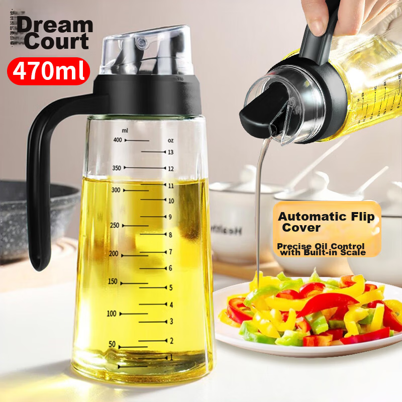 Mengtin Automatic Opening and Closing Oil Dispenser Kitchen Glass Pouring Bottle Soy Sauce Vinegar Seasoning Bottle Oil Container 470ML