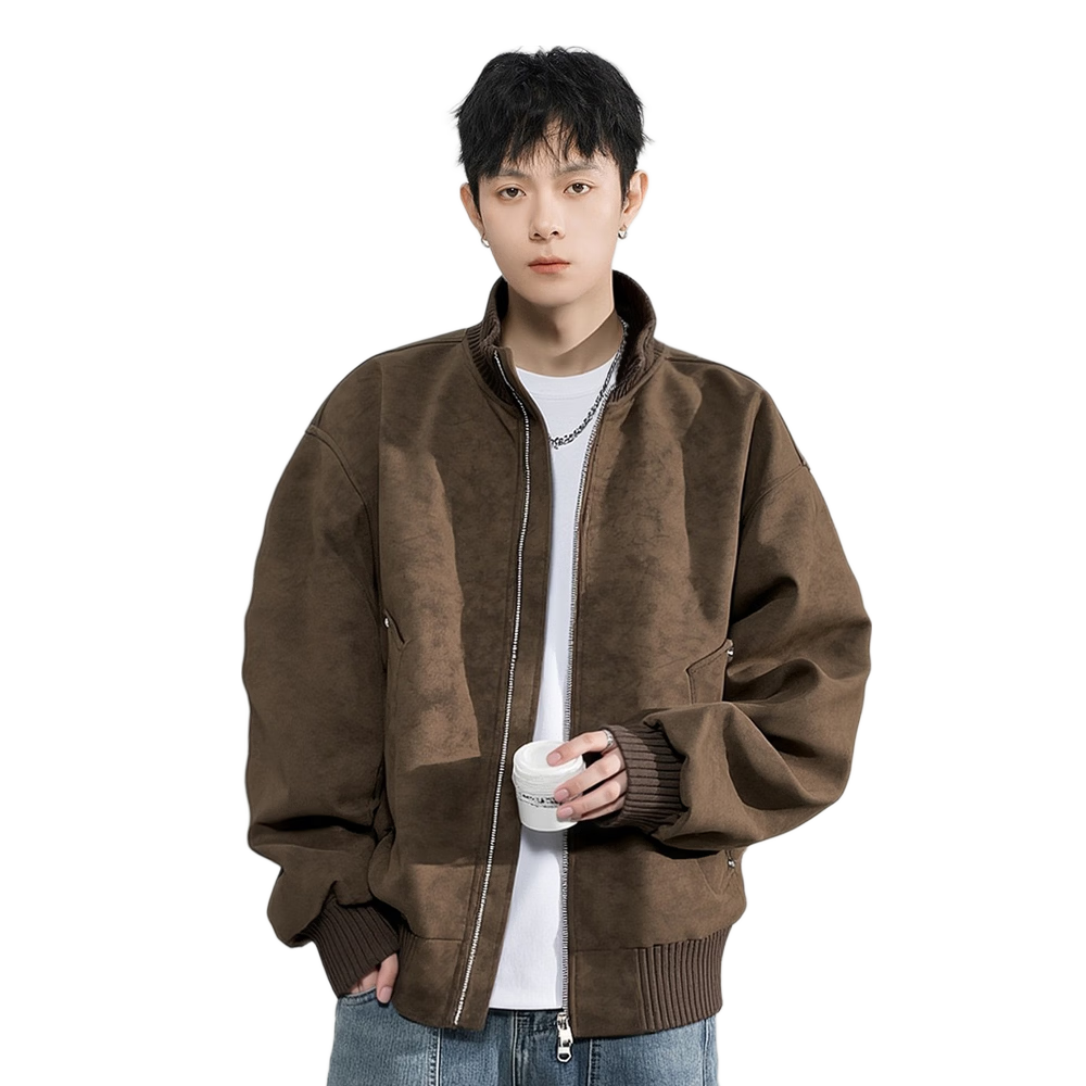 Foss Phil Men's Spring Autumn Melard Vintage Stand Collar Casual Leather Jacket JK852 Coffee M