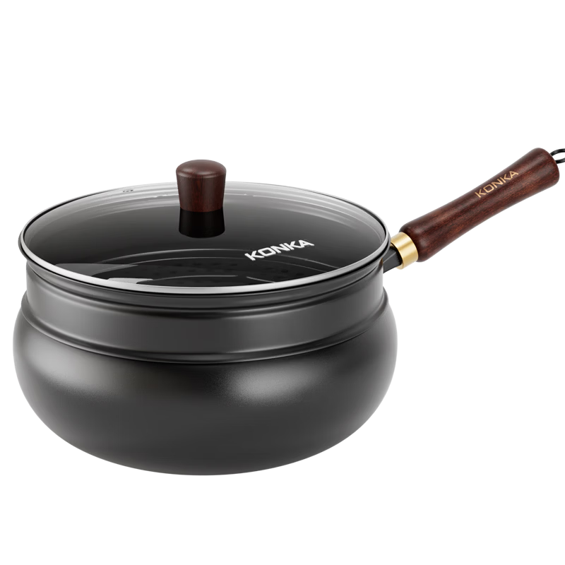 KONKA 30cm Hand-Forged Large Belly Iron Wok Steamer Household Iron Soup and Stir-Fry Pan No Seasoning Required