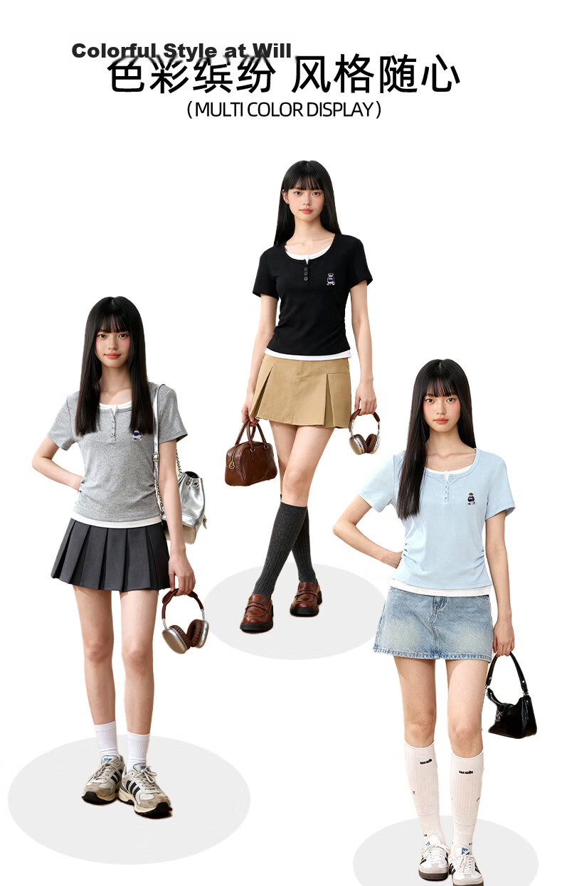 SPAO Bear Print Faux Two-Piece Colorblock Short Sleeve T-Shirt Women 2026 Summer Slim Ruched Shoulder College Style Crop Top 6