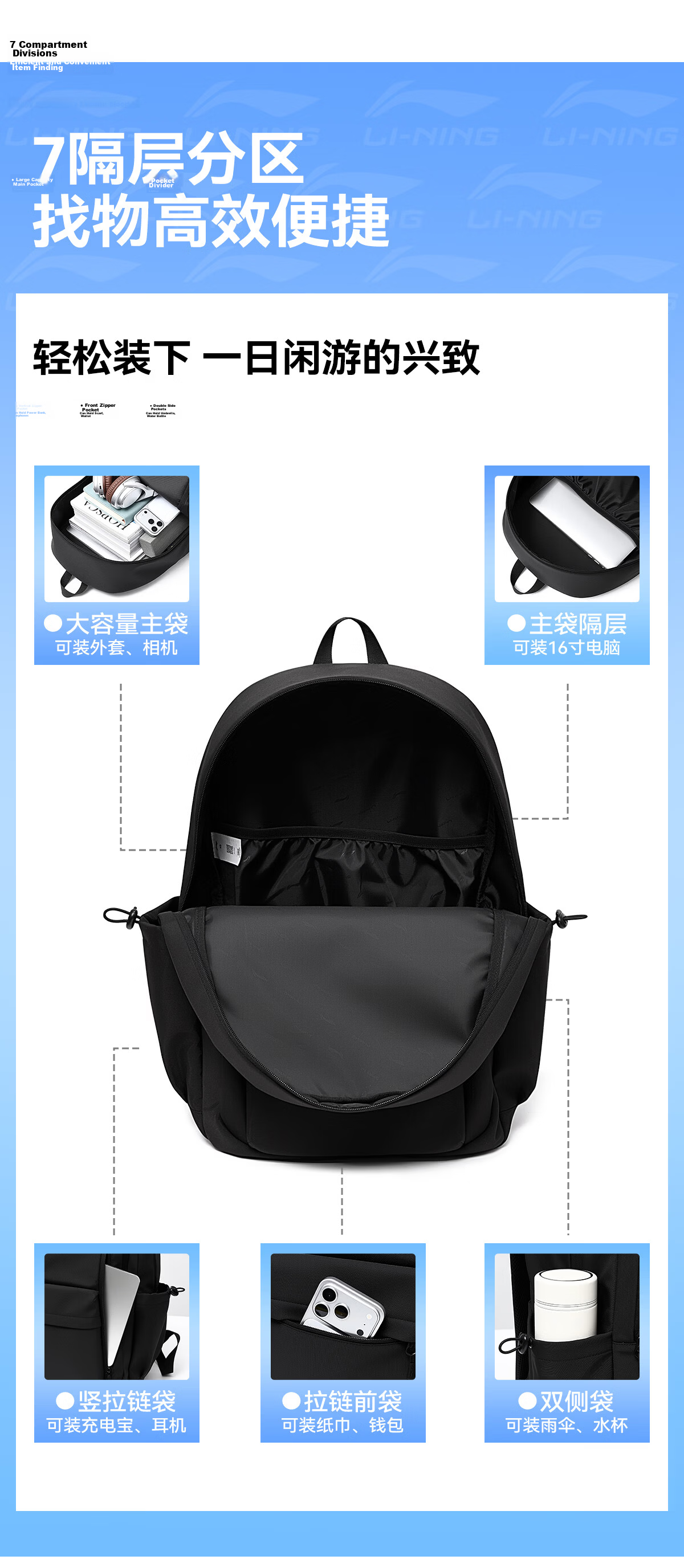 LI-NING 2026 New Lightweight Unisex Backpack Large Capacity Casual Travel Commuter Laptop Bag 6