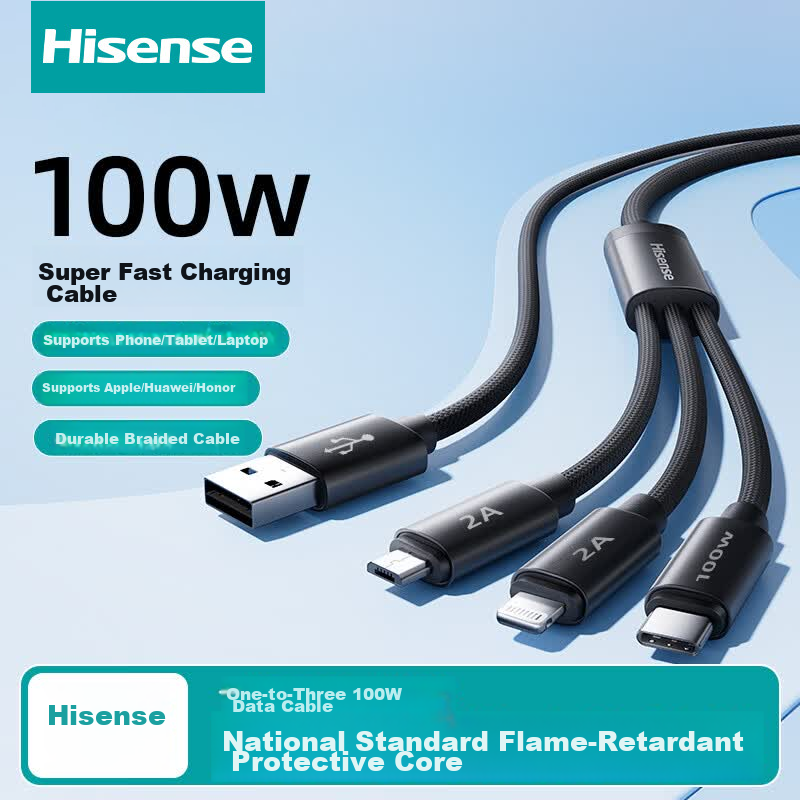 Hisense 3-in-1 Fast Charging Cable 100W Multi-Head Type-C Apple Android iPhone 15/16/17 Huawei Xiaomi Car Charger Black