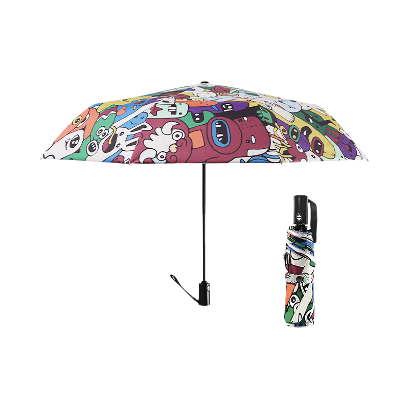 C'mon Fully Automatic Umbrella, Three-Fold Sun Protection Parasol for Women, UV-Resistant Portable Automatic Umbrella with Little Monster Desig