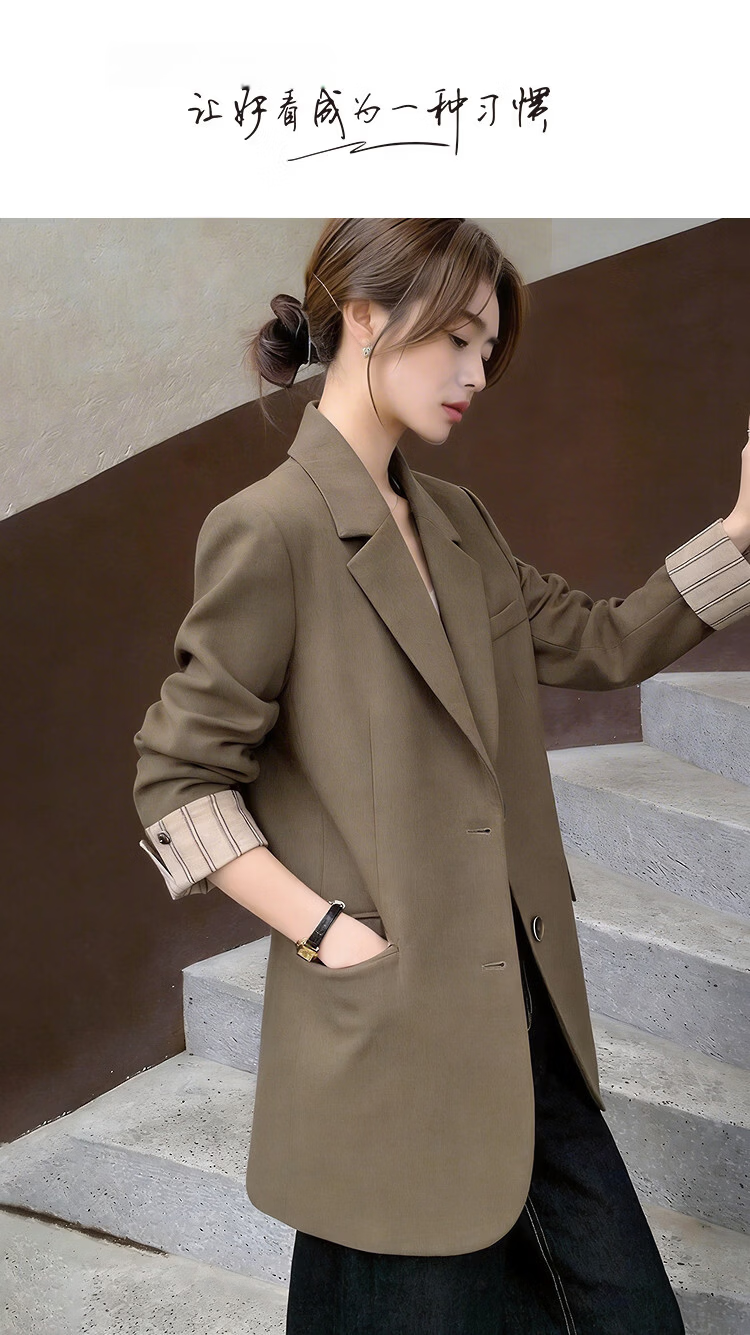 Demana [Legal Lady] Spring Commuter Notch Lapel Striped Color-Block Two-Button Turn-Up Blazer for Women Premium Quality 1