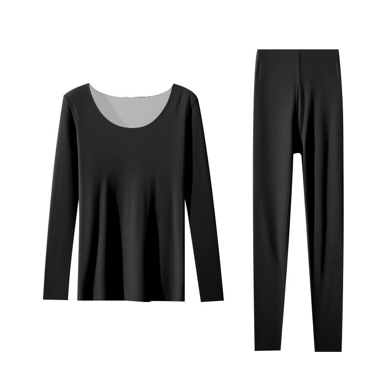 LangSha Women's Thermal Underwear Thin Round Neck Wool and Silk Reversible Double-Sided Fleece Autumn Top and Bottom Set