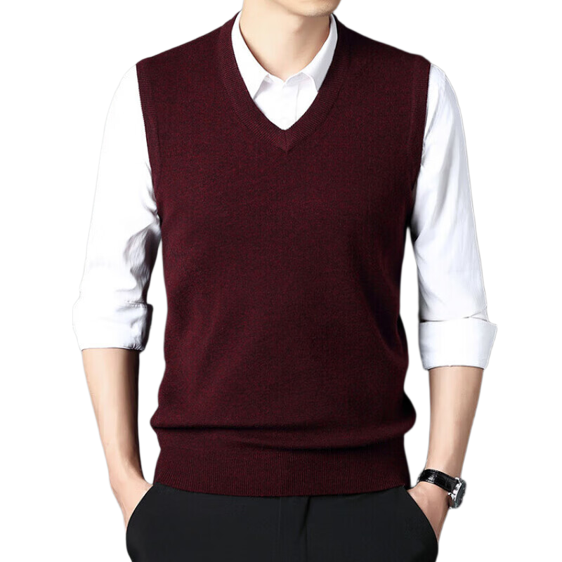 Hengyuanxiang Knitted Vest for Men, Autumn And Winter V-Neck Thickened Warm Sleeveless Waistcoat, Dad's Sweater, Wine Red, XL