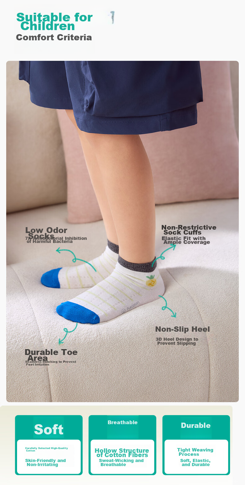 PurCotton Children's Antibacterial Mid-Calf Socks, 3 Pairs, for Boys And Girls, Baby Socks, All-Season Mesh Floor Socks 6