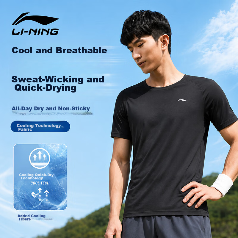 LI-NING Short Sleeve T-Shirt Unisex Sports Summer Quick-Dry Breathable Casual Loose Fit Crew Neck Running Yoga Top Black 2XL
