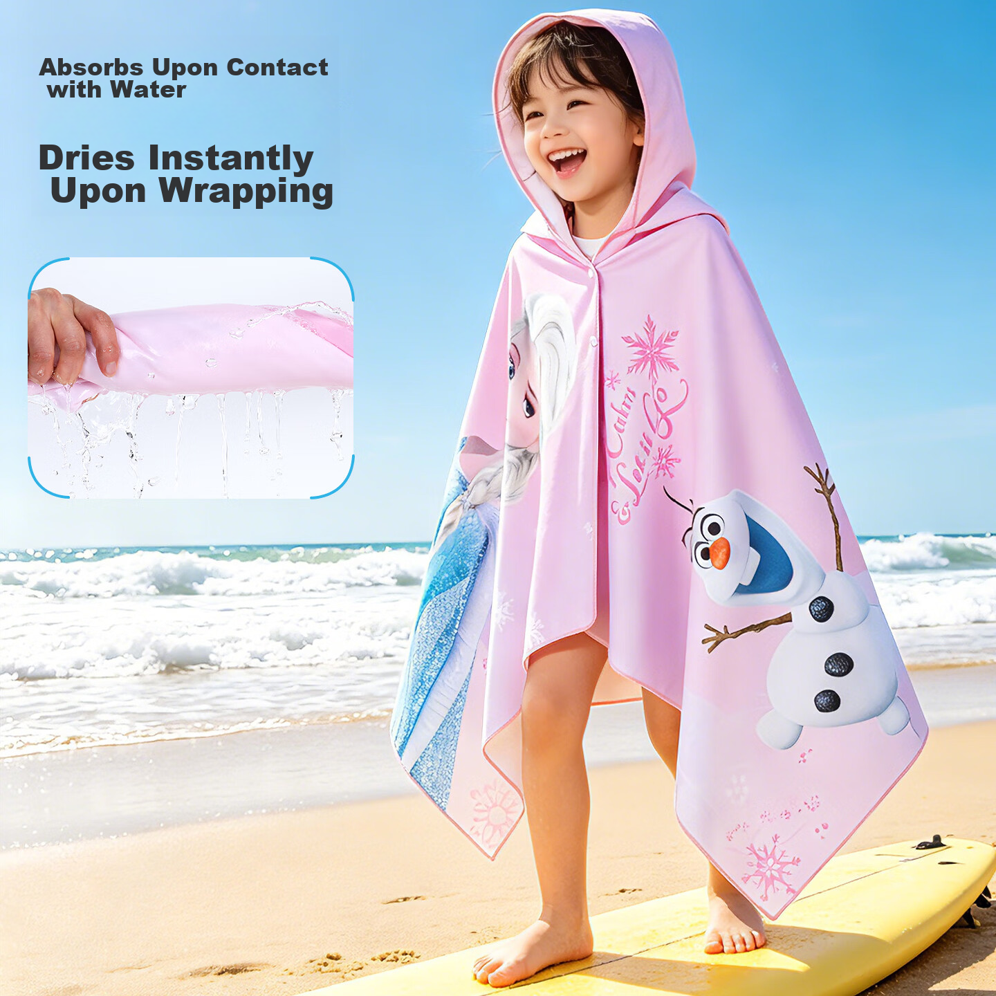 Disney Kids Beach Towel Quick-Dry Bath Towel Comfortable Absorbent Portable Cape Hooded Wearable Elsa for Ages 6-12 Swimming Extra Large