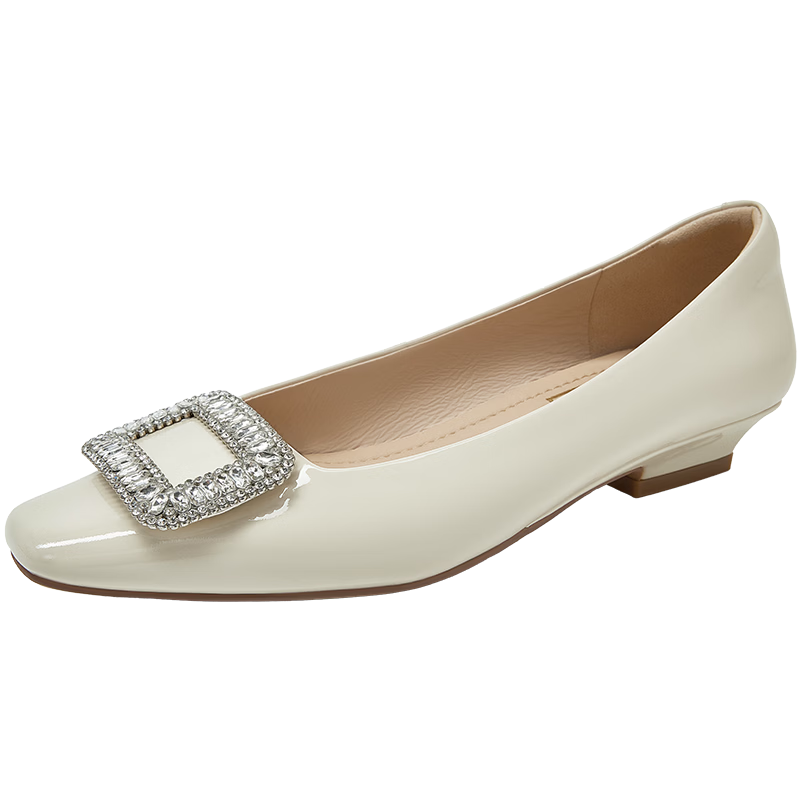 COMELY Rhinestone Square Buckle Women's Flats, Spring New Style Genuine Leather Low-Heel French Gold Flat Shoes, Cream White, Size 39