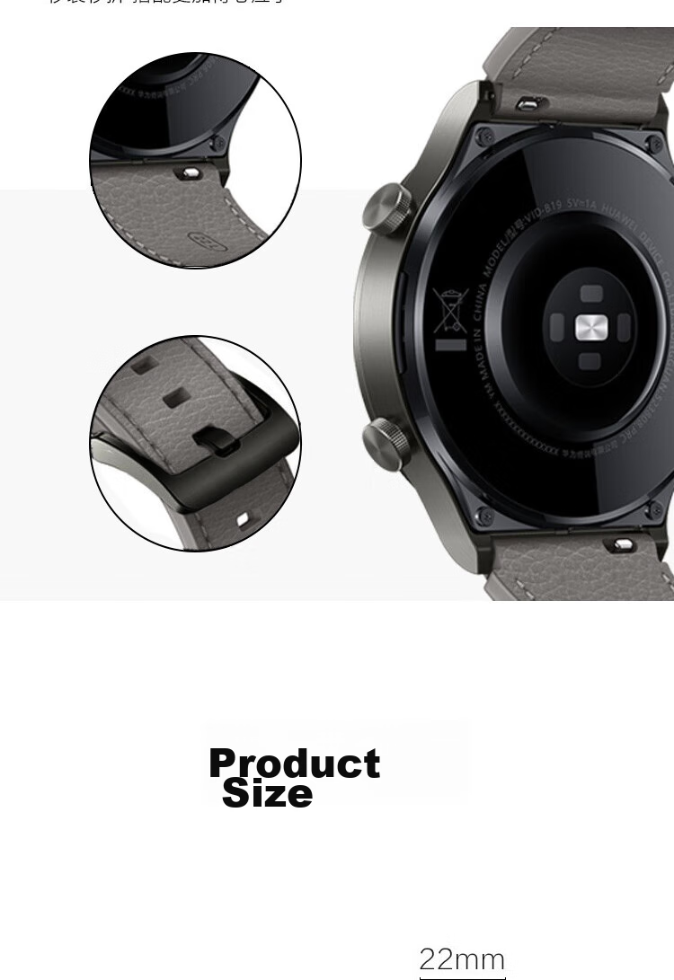 ESCASE Suitable for Huawei Watch Straps GT6/5/4/Pro/Watch5/4/3/Buds Smartwatch, Fine Litchi Pattern Genuine Leather Strap, 46/48MM, Premium Gray S02 8