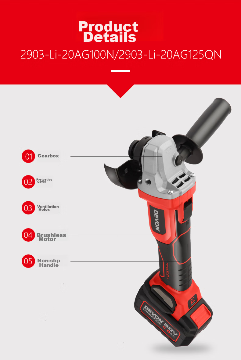 Devon 20V Brushless Lithium Angle Grinder 2903 Electric Polishing Grinding Machine Metal Cutting 100mm Bare Tool 16