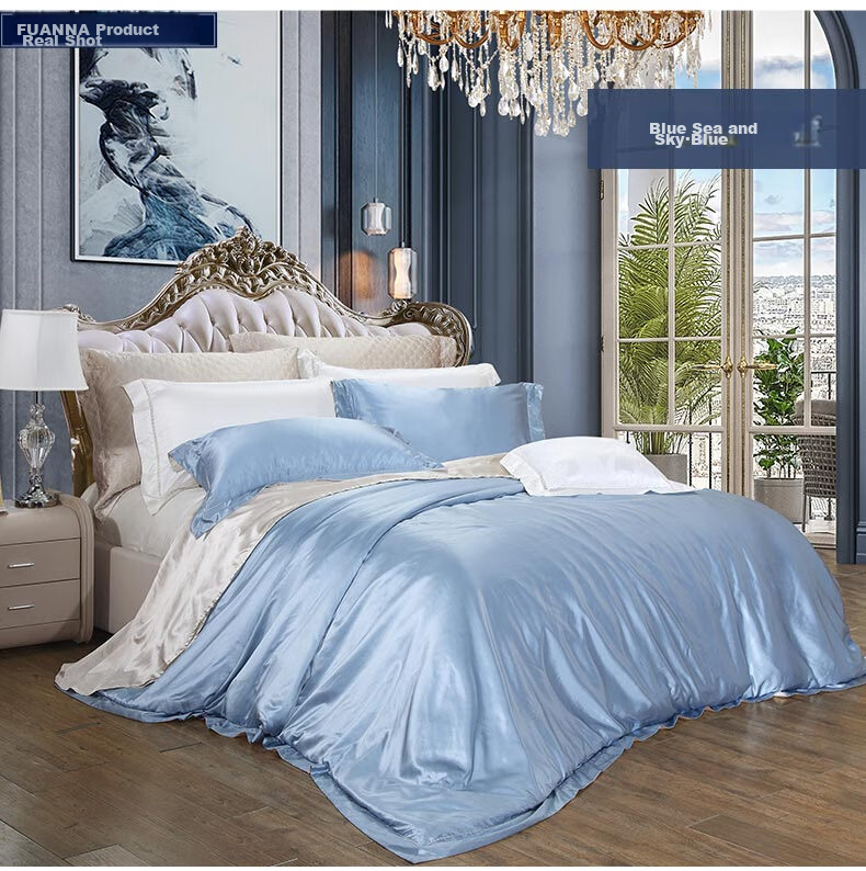 FUANNA Bedding Set 4-Piece Mulberry Silk Satin Sheet Duvet Cover High-End Silk Bed Linen Single/Double 203x229cm 9