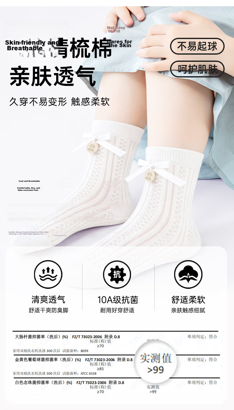 Disney Girls Seamless Socks 26 Summer Sweet Versatile Mesh Breathable Mid-Calf Socks 10A Antibacterial 4-Pack White M 4