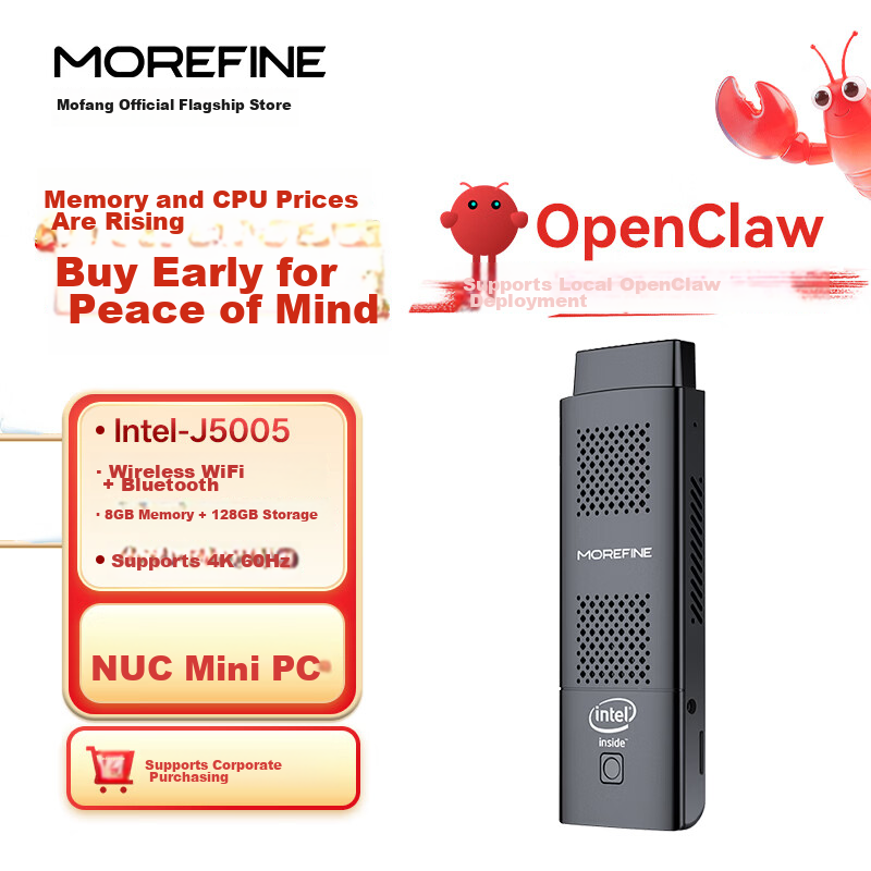 MOREFINE M1K NUC Pocket Mini PC Micro Computer Stick 4K Support OpenClaw MiniPC M1K J5005 Quad-Core 8GB+128GB