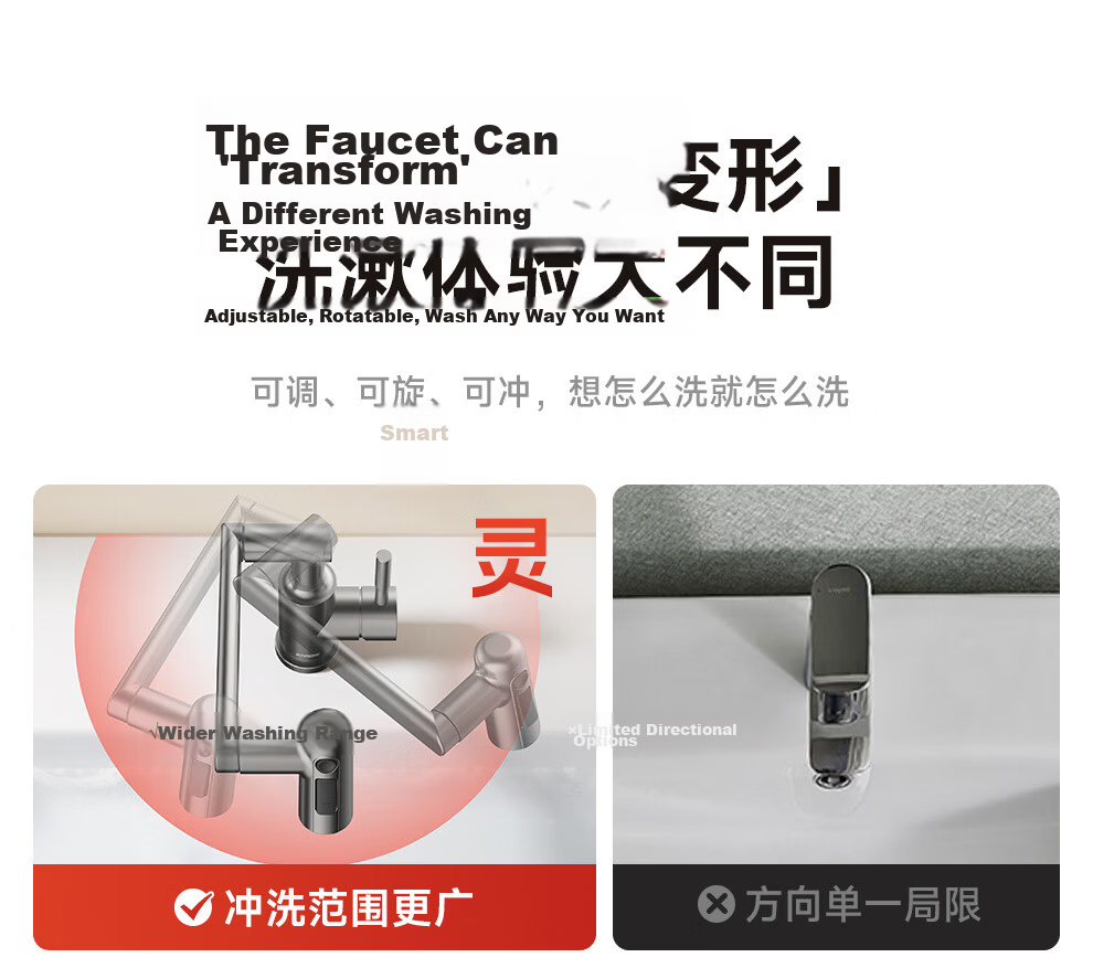 ARROW Robotic Arm Faucet 360° Rotatable Stainless Steel Lucky Cat Hot and Cold Wash Basin AE41307GGW 10
