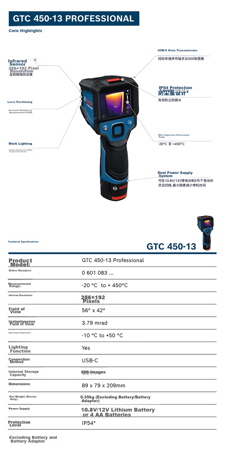 BOSCH Infrared Thermal Imager IP54 Dust and Water Resistant Data Storage and Transmission GTC 450-13 12