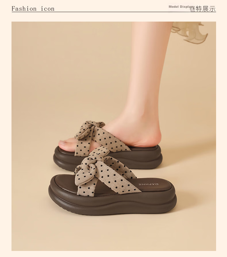 DAPHNE 2026 Summer New Polka Dot Bow Thick Sole Height Increasing Comfortable Outdoor Slippers for Women 10