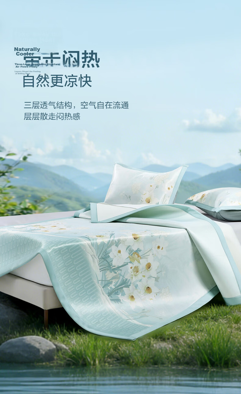 Fuanna 1000D Thick Silk Ice Silk Mat Class A Antibacterial Washable Summer Cooling Bed Sheet Fitted Single 2-Piece Set 1.2x2m 4
