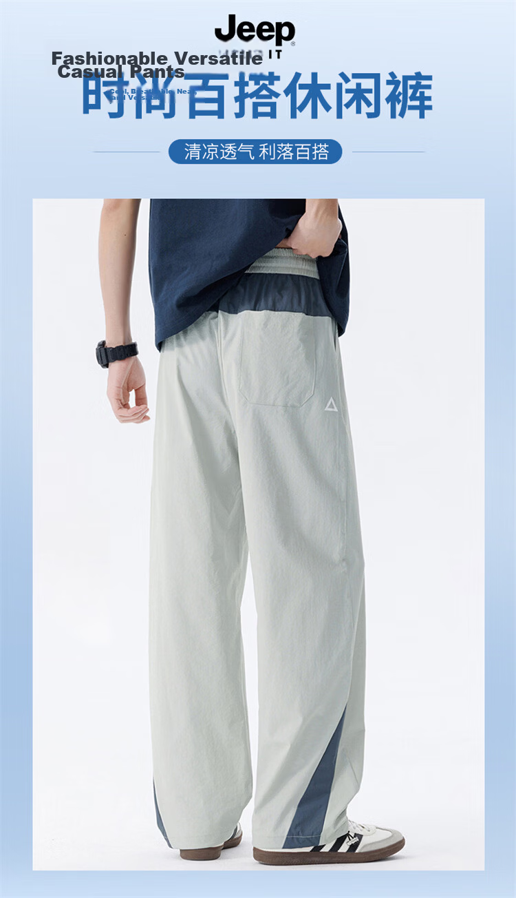 JEEP SPIRIT Men's Colorblock Casual Pants Summer Ice Silk Quick-Dry Outdoor Loose Straight-Leg Trousers Military Green 3XL 1