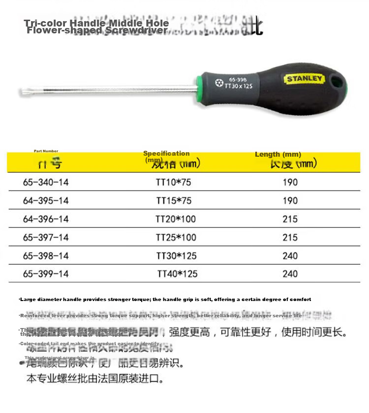 STANLEY Household Screwdriver Three-Color Handle Middle Hole Phillips Screwdriver TT10x75mm 65-340-14 2