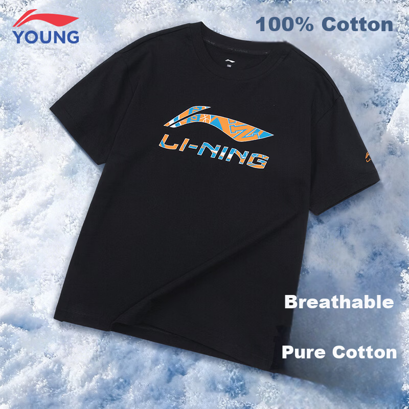 LI-NING Kids Short Sleeve T-Shirt Summer New Cotton Breathable Round Neck Tee for Boys and Girls