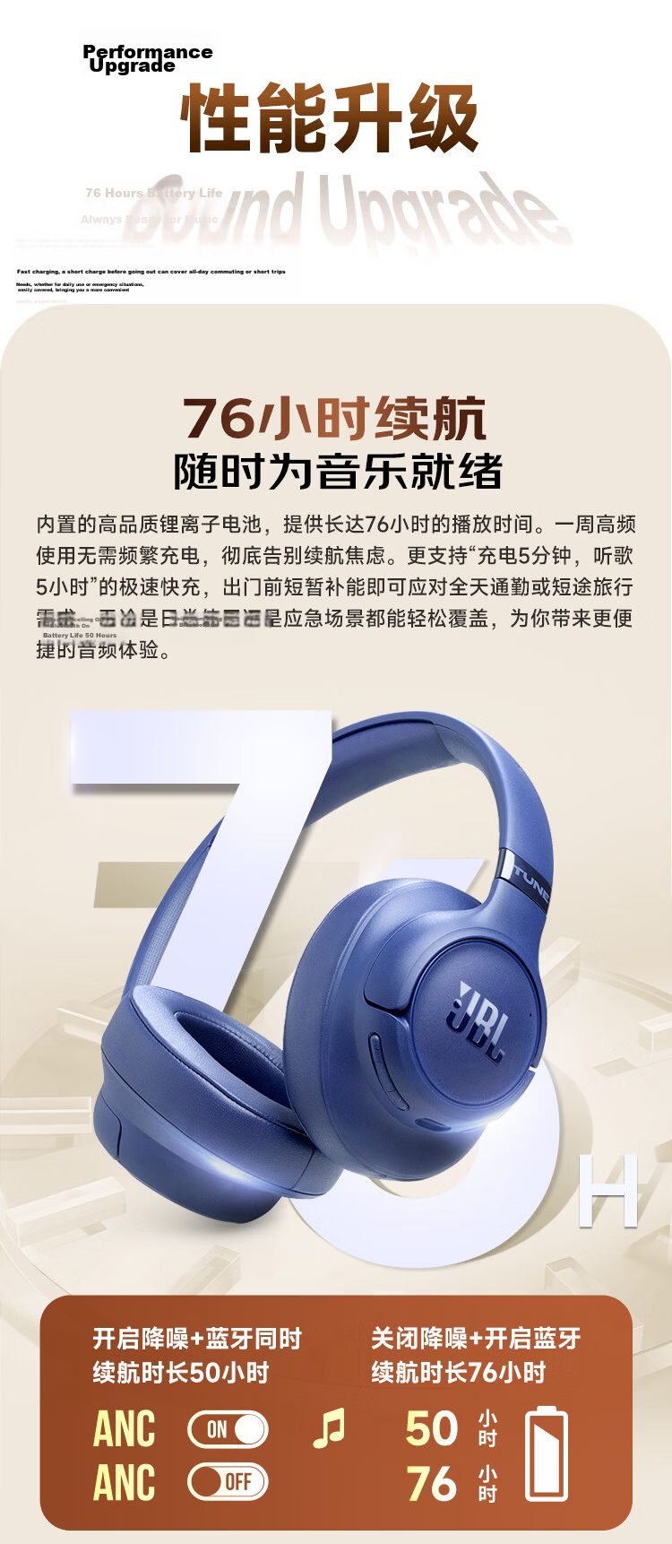 JBL TUNE 780NC Over-Ear Bluetooth Headphones Active Noise Cancelling Wireless Earphones Compatible with Huawei Apple Xiaomi Gift Recommendation Mocha Color 9