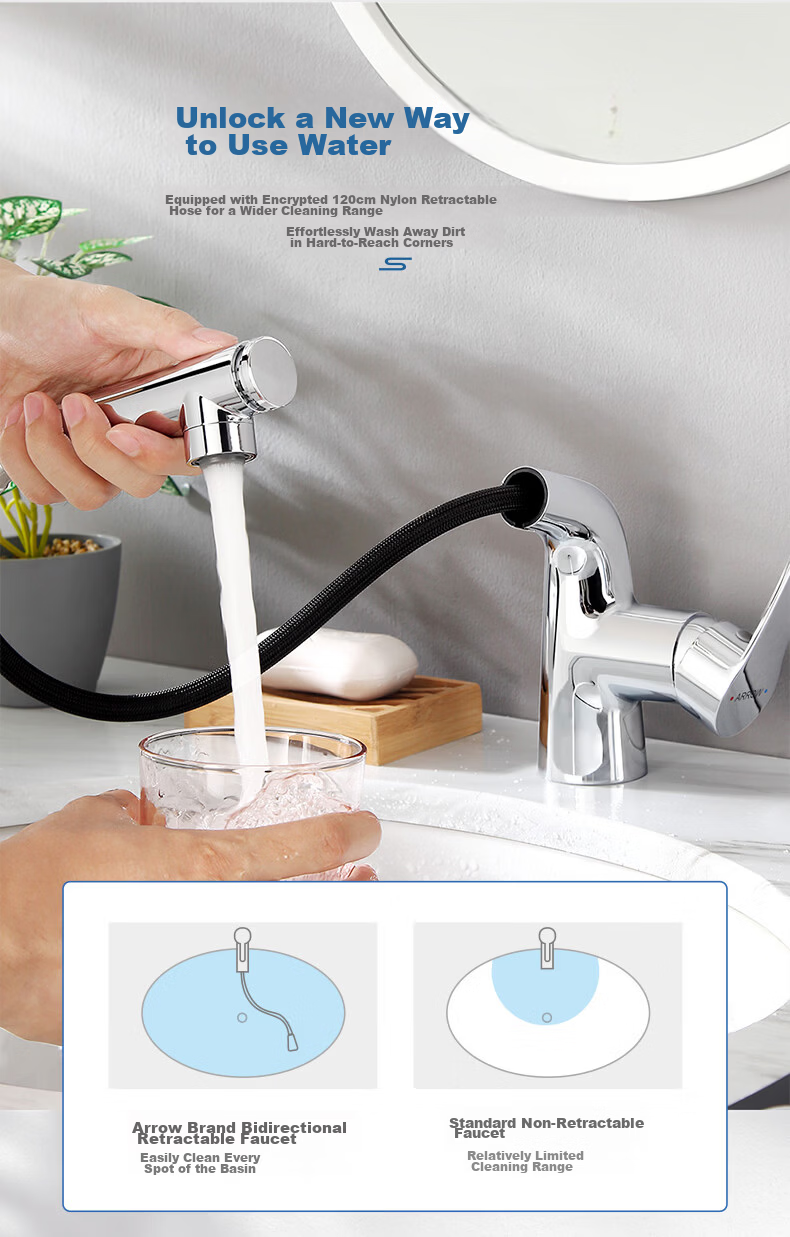 ARROW YJ Minimalist Brass Pull-Out Black Basin Faucet Multi-Mode Hot and Cold Water Bathroom Sink Faucet 5
