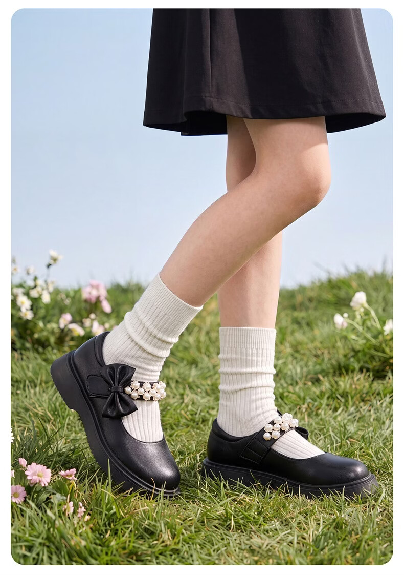 Eierkang Girls Black Leather Classic Pearl Bow Princess Shoes Student Performance Soft Sole Flats Black Size 32 10