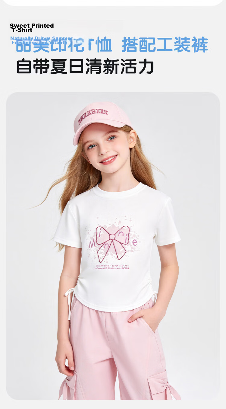 Disney Girls Bow Print T-Shirt and Drawstring Short Sleeve Cargo Wide-Leg Pants Two-Piece Set White Pink 150 3