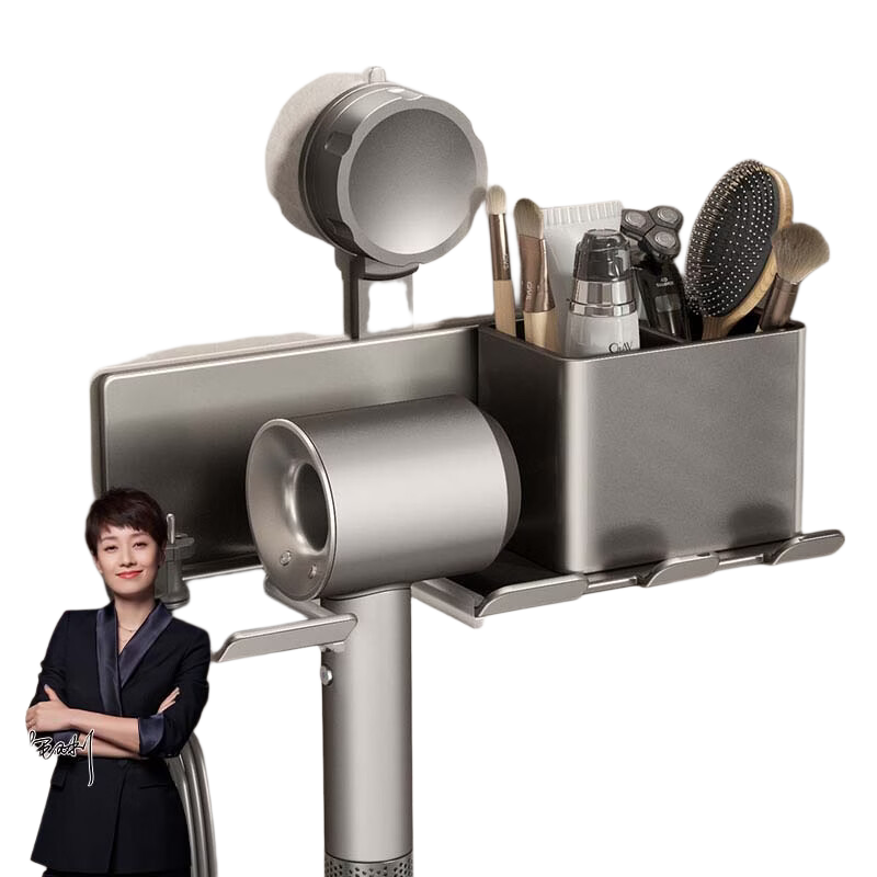 MICOE Suction Cup Hair Dryer Holder, No Drilling Required, Bathroom Stand, Hairdryer Storage Rack with Hooks, Space Aluminum, 1 Piece