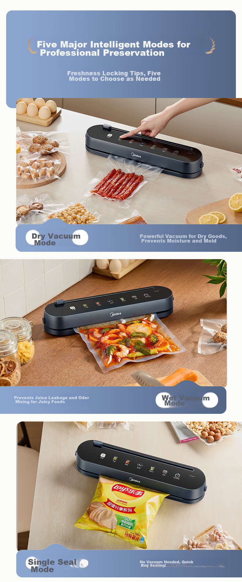Midea Vacuum Sealer, Double-Sealed, Automatic Home Food Vacuum Sealing Machine, Packaging Machine, Food Sealing Machine, Plastic Sealing Machine, Wet And Dry Dual-Use MJ-KF23 7