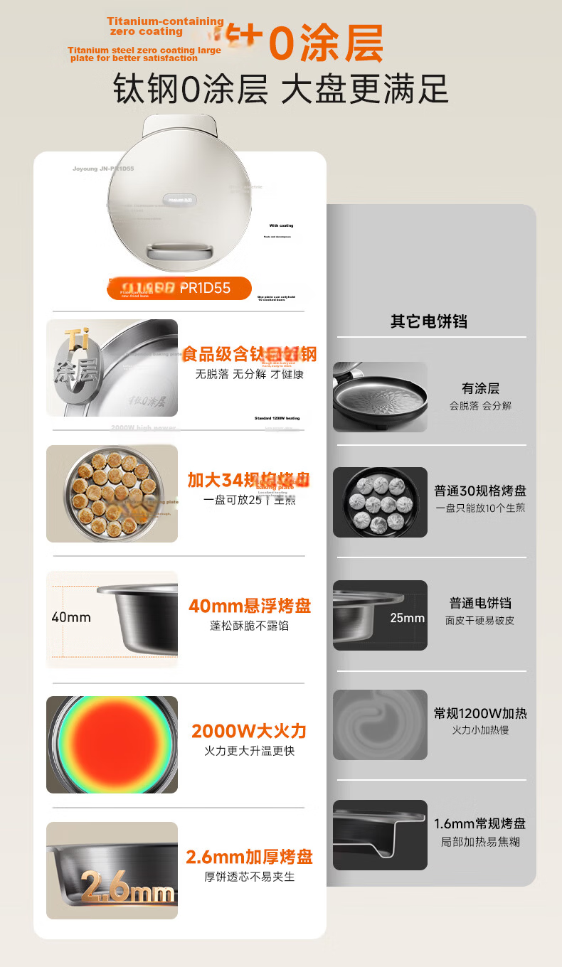 Joyoung Titanium-Free Coating Electric Griddle 40mm Deep Baking Pan 34mm Large Diameter 2000W High Power Pancake Maker Sandwich Breakfast Machine JN-PR1D55 2