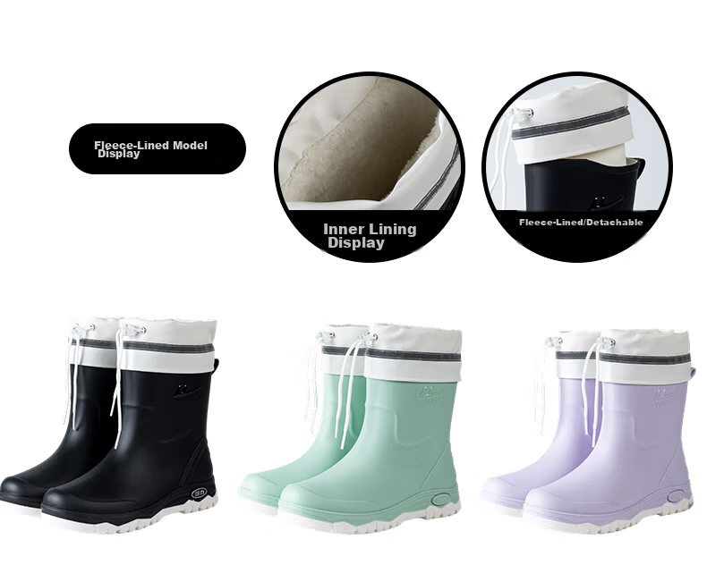 Warrior Women's Fashion Outdoor Rain Shoes Non-slip Waterproof Wear-resistant Rubber Rain Boots White Fleece-lined Cotton Covers Size S 13